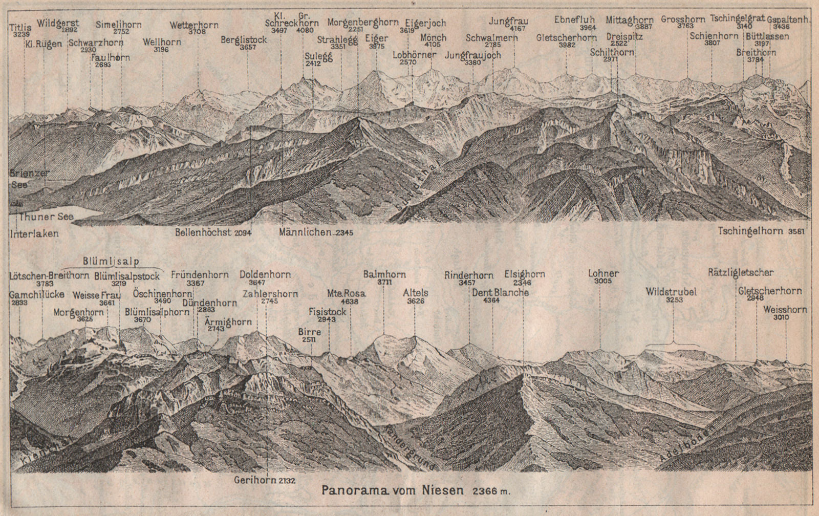 PANORAMA from/von NIESEN 2366m. Blumisalp Jungfrau Switzerland Schweiz 1913 map